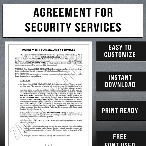 Agreement For Security Services Template | Security Guard Agreement | Instant Download