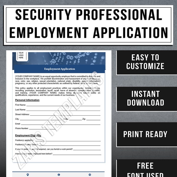 Security Professional Employment Application Template | Security Guard Job Application | Instant Download