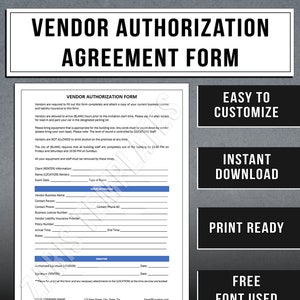 Vendor Authorization Agreement Form Template | Venue Contract for Event Vendors | Instant Download