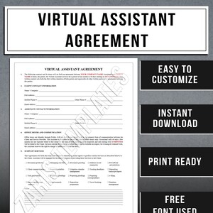 以下が含まれることがあります： 「VIRTUAL ASSISTANT AGREEMENT」というタイトルが太字で大きく表示された、バーチャルアシスタント契約のテンプレート。クライアントとアシスタントの連絡先情報、営業時間、サービス範囲のセクションが含まれています。画像はまた、「EASY TO CUSTOMIZE」、「INSTANT DOWNLOAD」、「PRINT READY」、「FREE FONT USED」を強調しています。