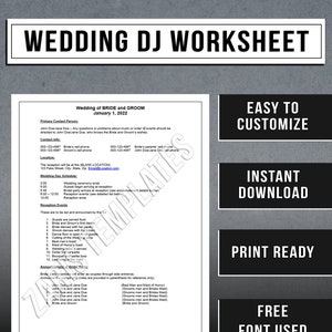 Wedding DJ Worksheet Template | Disc Jockey Time Line | Instant Download