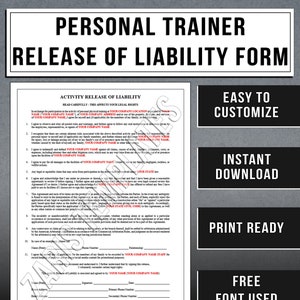 Personal Trainer Release of Liability Form Contract Template | Personal Physical Training Agreement | Instant Download