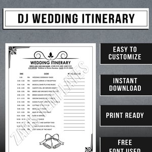 DJ WEDDING ITINERARY Template | Disc Jockey Wedding Event Schedule | Instant Download