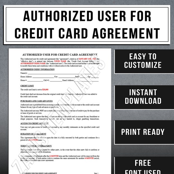 Authorized User for Credit Card Agreement Contract Template | Instant Download
