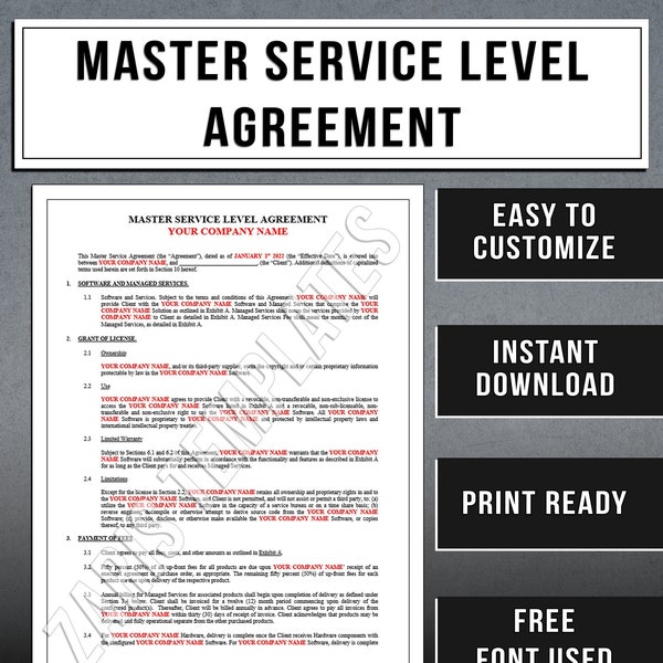 Master Service Level Agreement Contract Template | 7 page Printable Document | Instant Download