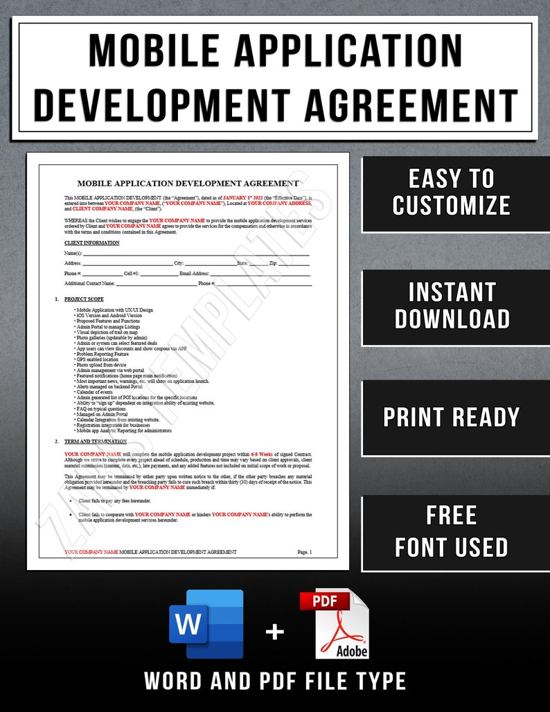 May include: A document titled "MOBILE APPLICATION DEVELOPMENT AGREEMENT" with a black and white design. The document includes sections for client information and project scope. Icons for Word and PDF file types are shown.
