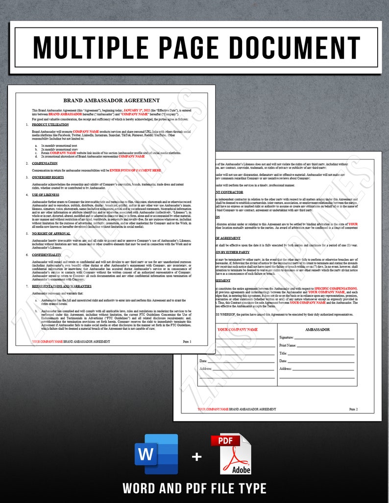 May include: A black and white legal document titled "Brand Ambassador Agreement" with the text "January 7, 2011" and "ENTER FORM OF PAYMENT HERE". The document outlines the terms and conditions of a brand ambassador agreement.