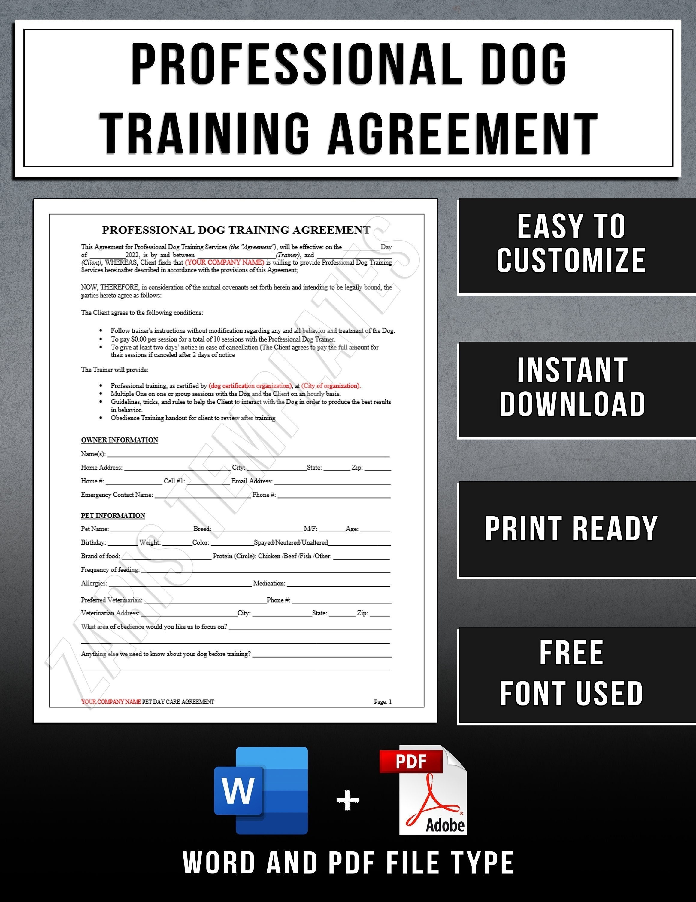 Professional Dog Training Agreement Template Dog Trainer Printable Professional Dog Training Agreement Template Dog Trainer Printable
