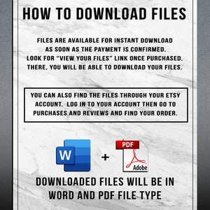 May include: A white and black graphic with instructions on how to download files. The text includes information on instant downloads, finding files in your Etsy account, and file types. Icons for Word and PDF files are also present.