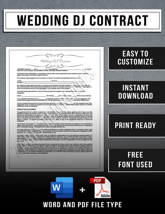 Wedding DJ Services Contract Template Disc Jockey Business - Etsy