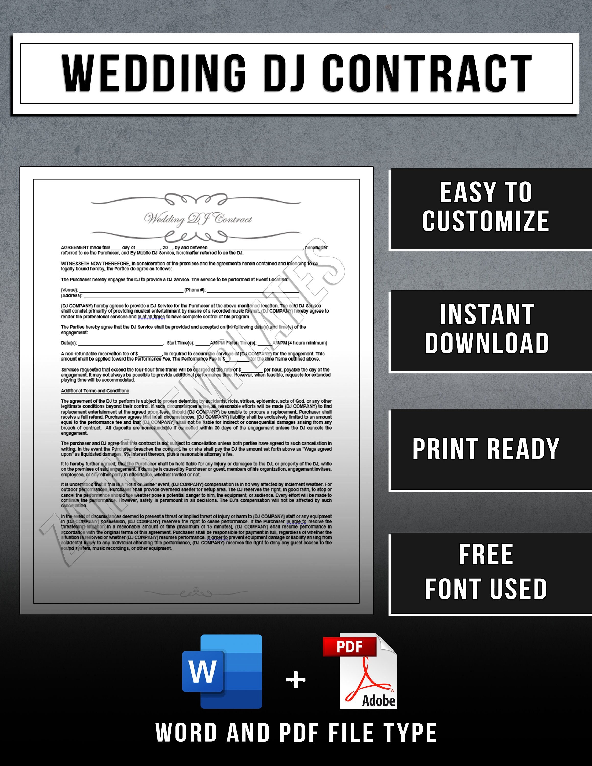 Wedding DJ Services Contract Template Disc Jockey Business - Etsy