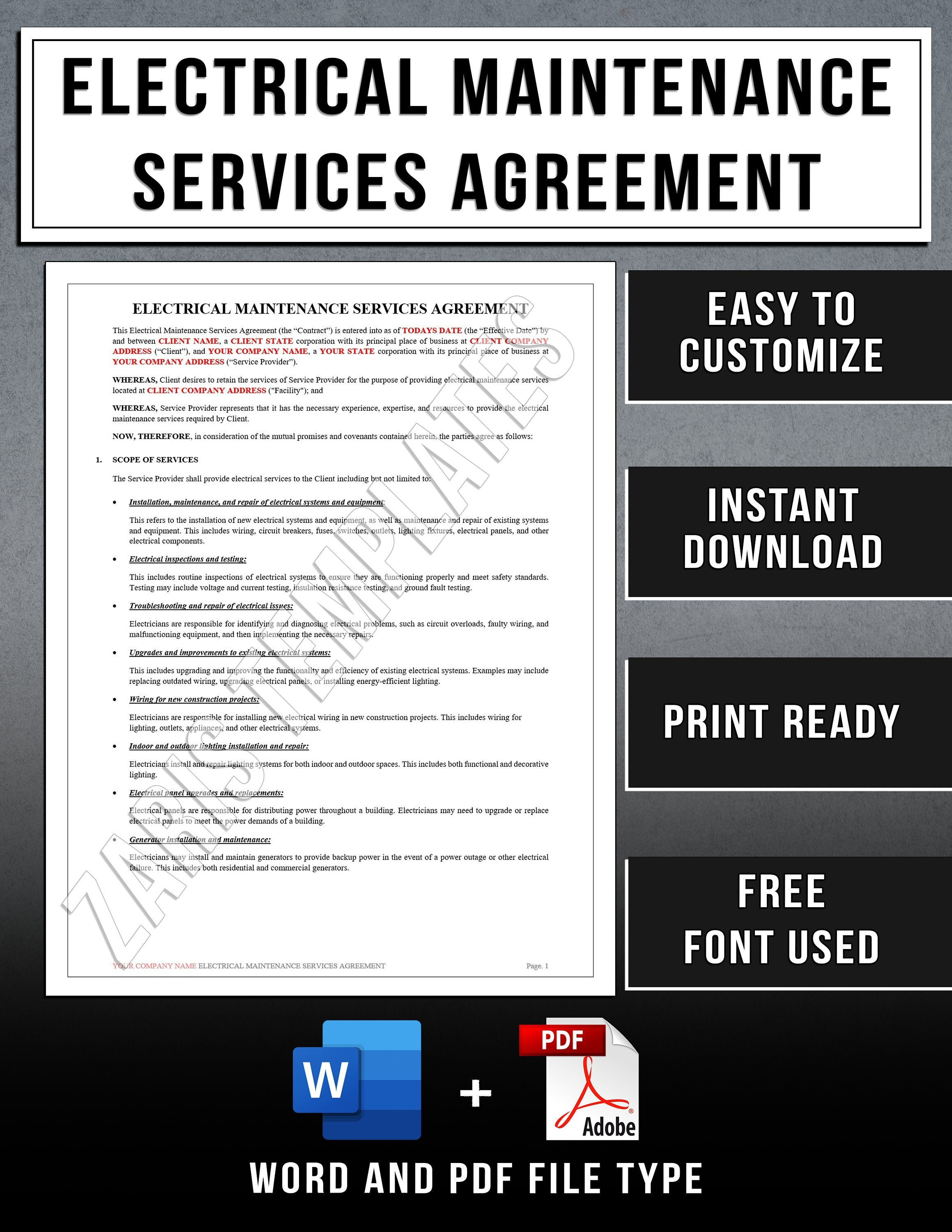 Electrical Maintenance Services Agreement Template - Etsy