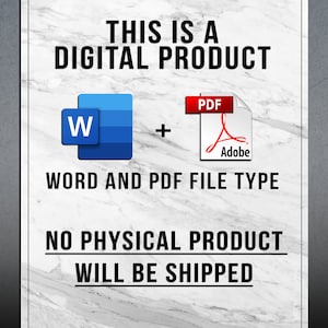 May include: A digital product announcement on a marble-patterned background. The text reads "THIS IS A DIGITAL PRODUCT" and "WORD AND PDF FILE TYPE." Icons for Word and PDF files are included. The text also states "NO PHYSICAL PRODUCT WILL BE SHIPPED."