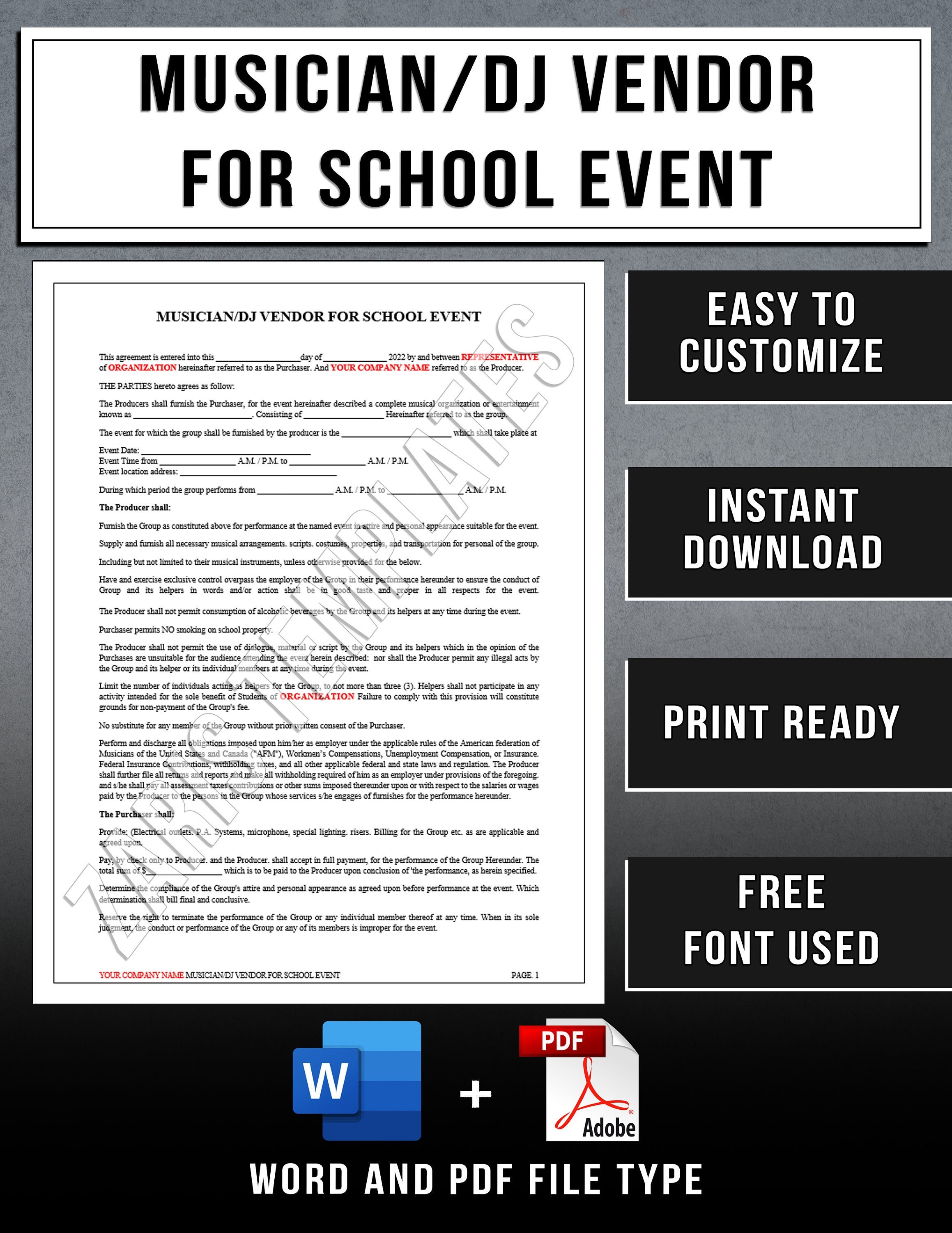 Musician DJ Vendor for School Event Contract Template - Etsy