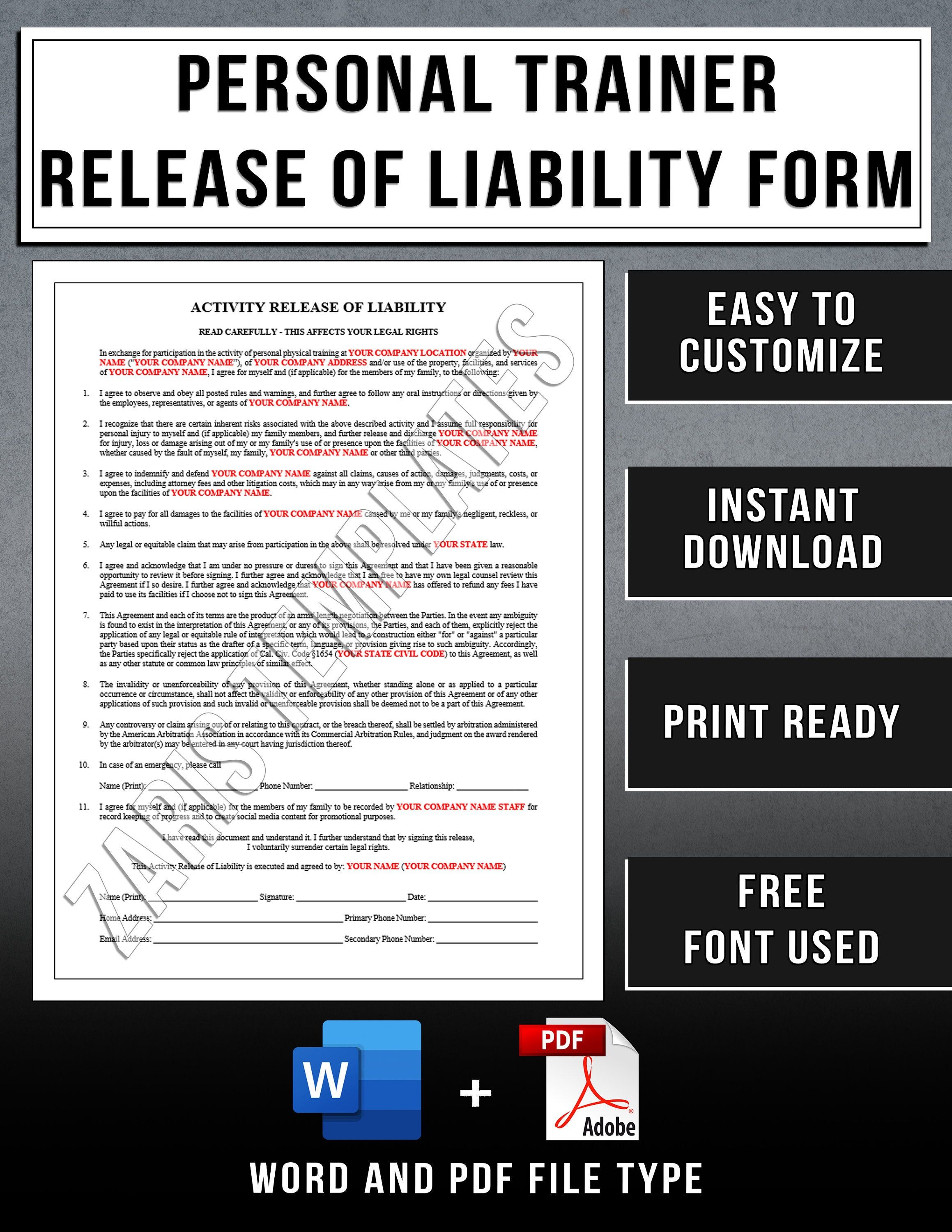 Personal Trainer Release of Liability Form Contract Template ...