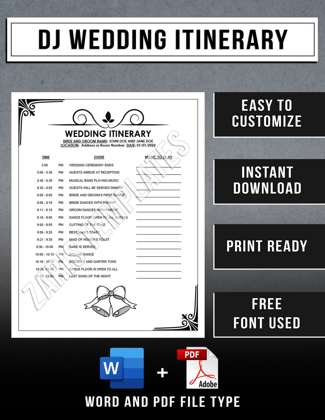 DJ WEDDING ITINERARY Template Disc Jockey Wedding Event Schedule DJ WEDDING ITINERARY Template Disc Jockey Wedding Event Schedule