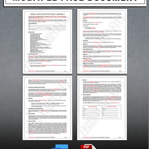 May include: A document titled "MULTIPLE PAGE DOCUMENT" with a "MOBILE APPLICATION DEVELOPMENT AGREEMENT" form. The image includes a Word icon, a PDF icon, and the text "WORD AND PDF FILE TYPE".