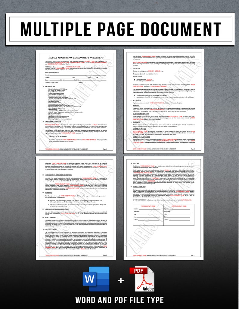 May include: A document titled "MULTIPLE PAGE DOCUMENT" with a "MOBILE APPLICATION DEVELOPMENT AGREEMENT" form. The image includes a Word icon, a PDF icon, and the text "WORD AND PDF FILE TYPE".