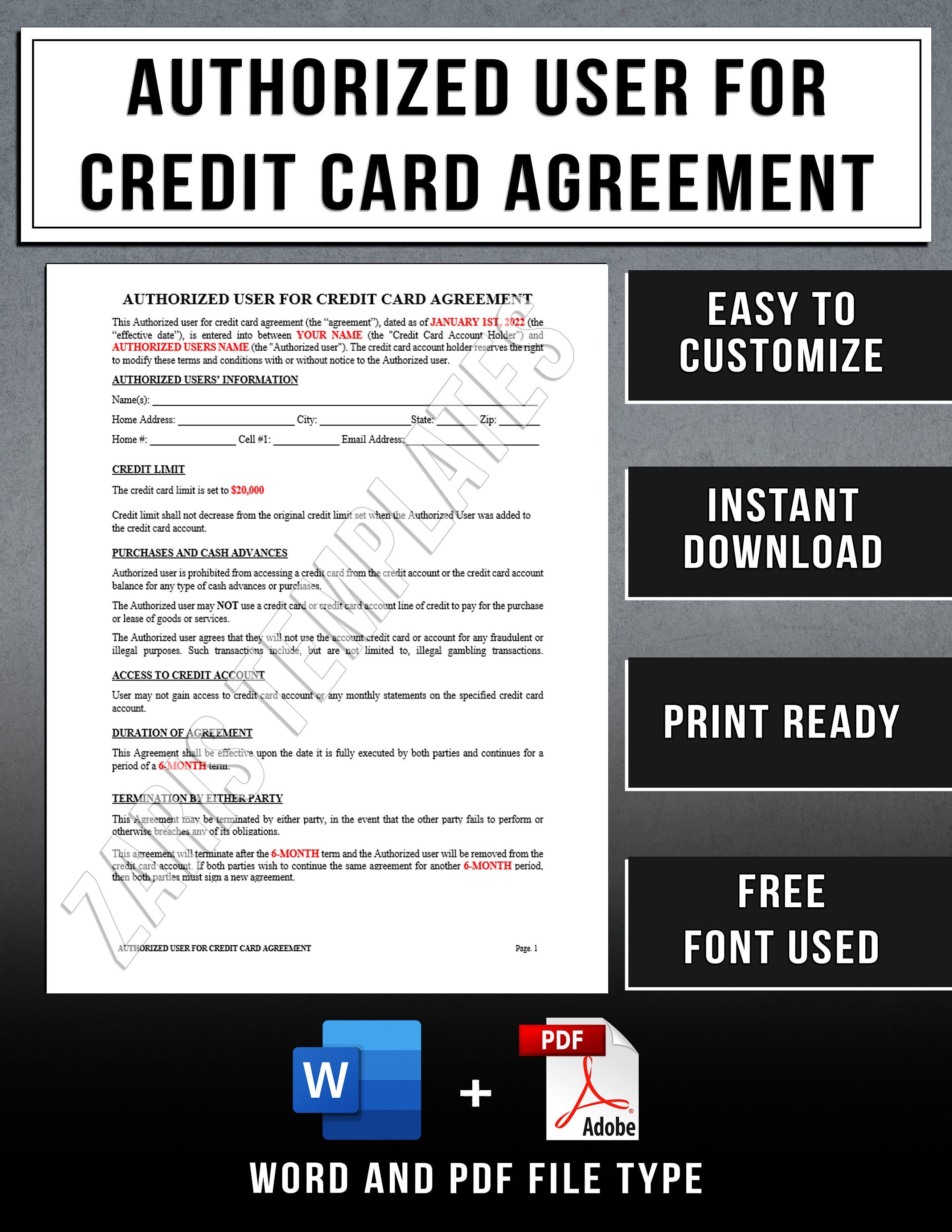 Authorized User for Credit Card Agreement Contract Template Instant Download Etsy