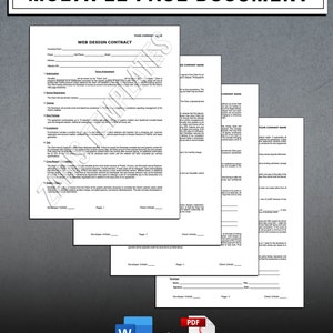 May include: A web design contract template with the text "Multiple Page Document" at the top. The document is divided into sections with headings such as "Authorization", "Terms of Agreement", "Domain Registration", "E-commerce", "Cross Browser", "Client Should", "Developer Initials", and "Client Initials". The document is formatted for both Word and PDF file types.
