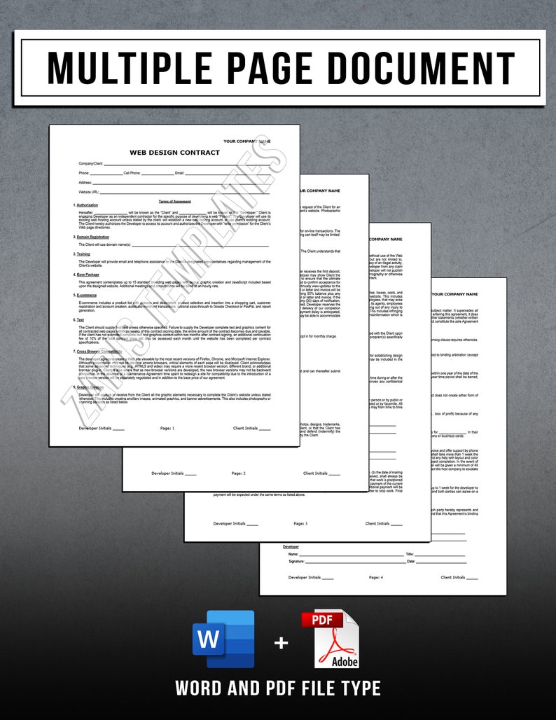 May include: A web design contract template with the text "Multiple Page Document" at the top. The document is divided into sections with headings such as "Authorization", "Terms of Agreement", "Domain Registration", "E-commerce", "Cross Browser", "Client Should", "Developer Initials", and "Client Initials". The document is formatted for both Word and PDF file types.