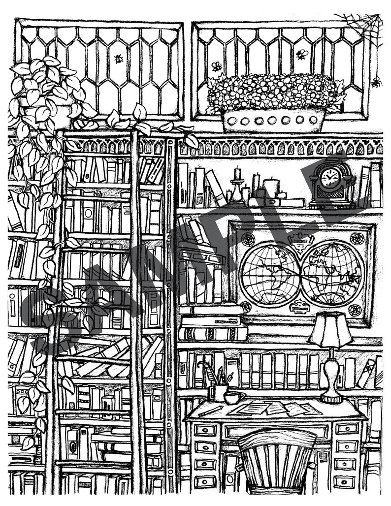 Library Printable Adult Coloring Page Etsy
