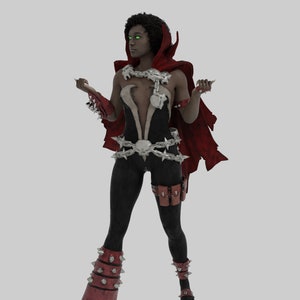 Op de afbeelding: Een afbeelding van een personage in een zwart en rood kostuum. Het personage heeft groene ogen, een rode cape met capuchon en stekelige bepantsering. Het kostuum omvat een zwart bodysuit, stekelige been- en armbeschermers en een zilveren ketting.