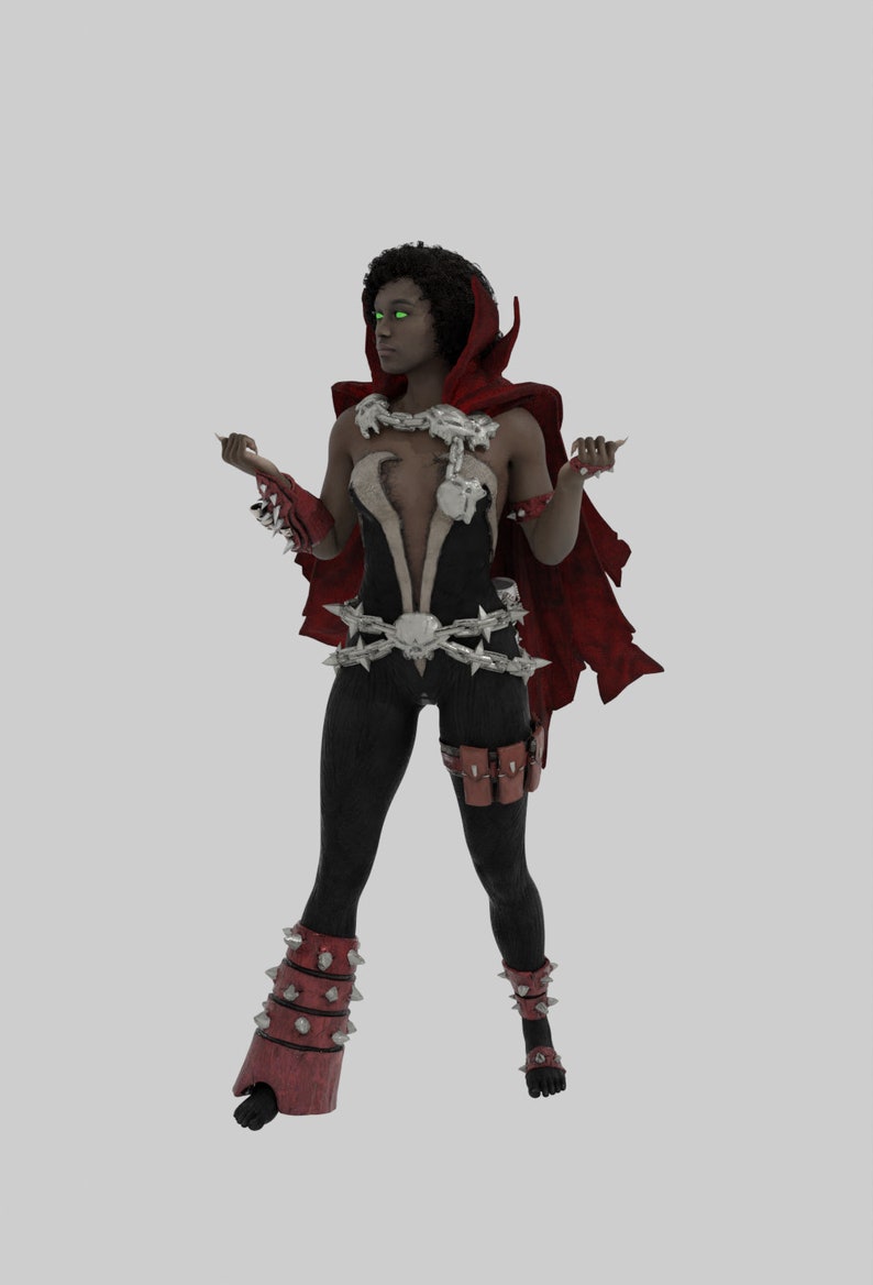 Op de afbeelding: Een afbeelding van een personage in een zwart en rood kostuum. Het personage heeft groene ogen, een rode cape met capuchon en stekelige bepantsering. Het kostuum omvat een zwart bodysuit, stekelige been- en armbeschermers en een zilveren ketting.