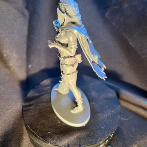 Op de afbeelding: Een grijze miniatuurfiguur van een krijgersvrouw, gekleed in een cape en harnas. De figuur staat op een grijze ovale basis. De krijger heeft een helm en houdt een klein voorwerp vast. Het beeldje is zeer gedetailleerd.