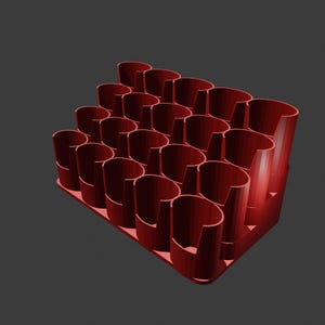May include: A dark red storage organizer featuring a grid of twenty cylindrical slots arranged in four rows of five. Each individual compartment has a vertical cutout along the front edge, providing an open design for holding various small items.