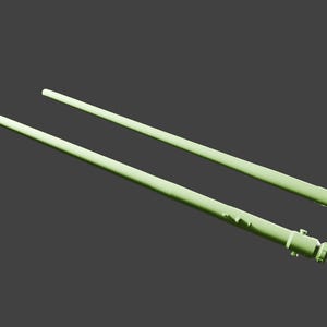 May include: Two light green chopsticks, one on top of the other, with a slight angle.