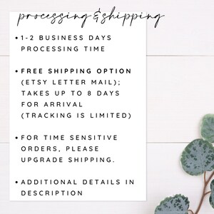 May include: A white card with black text outlining processing and shipping information. The text reads: "processing & shipping"  "1-2 Business Days Processing Time"  "Free Shipping Option (Etsy Letter Mail); Takes up to 8 days for arrival (Tracking is limited)"  "For time sensitive orders, please upgrade shipping."  "Additional details in description"