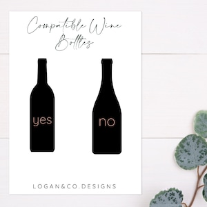May include: A white card with black silhouettes of two wine bottles. The bottle on the left has the word "yes" written on it, and the bottle on the right has the word "no" written on it. The text "Compatible Wine Bottles" is at the top of the card.