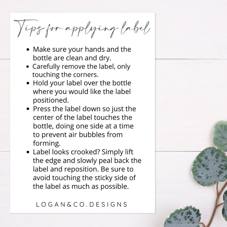 May include: Tips for applying a label to a bottle. The text includes instructions on how to remove, position, and smooth the label to prevent air bubbles.