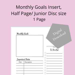Monthly Goals Planner Insert / Half Page/ Junior Disc, Digital Download, Printable Insert// 1 Page/