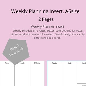 Vertical Weekly Planner with Dot Grid Insert A6, Digital Download, Printable Insert// 2 Pages/