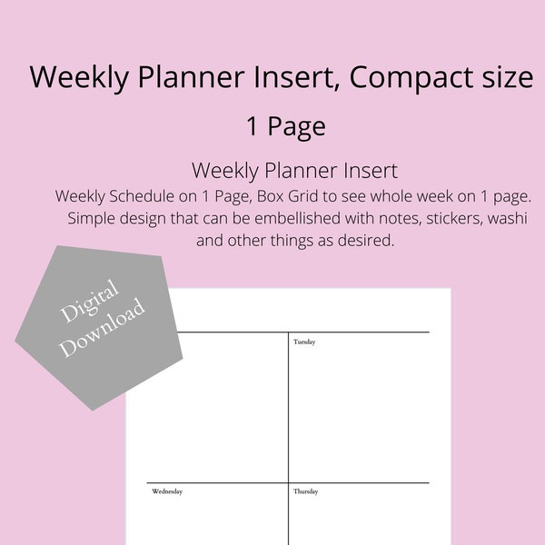 Weekly Planner on 1 Page with Box Grid Insert Compact size, Digital Download, Printable Insert// 1 Page/