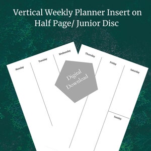 May include: A printable weekly planner insert for a junior disc planner. The planner is designed for a half page and includes a digital download option. The planner has a simple design and includes bonus notes pages and a dot grid page. The planner is designed to be embellished as desired.