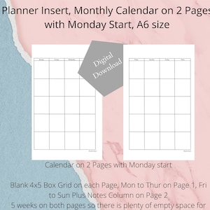 Planer Einlage, 2 Seiten Monatskalender mit Montag Start im Format DIN A6
