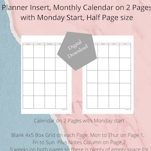 Planner Insert, Monthly Calendar on 2 Pages, with Monday Start, Half Page size