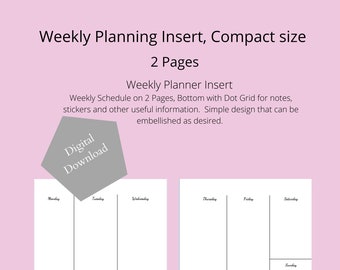 Vertical Weekly Planner with Dot Grid Insert Compact, Digital Download, Printable Insert// 2 Pages/