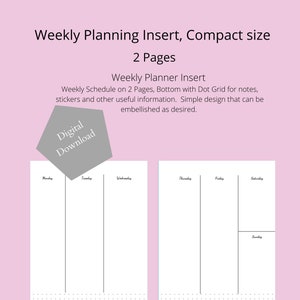 Vertical Weekly Planner with Dot Grid Insert Compact, Digital Download, Printable Insert// 2 Pages/