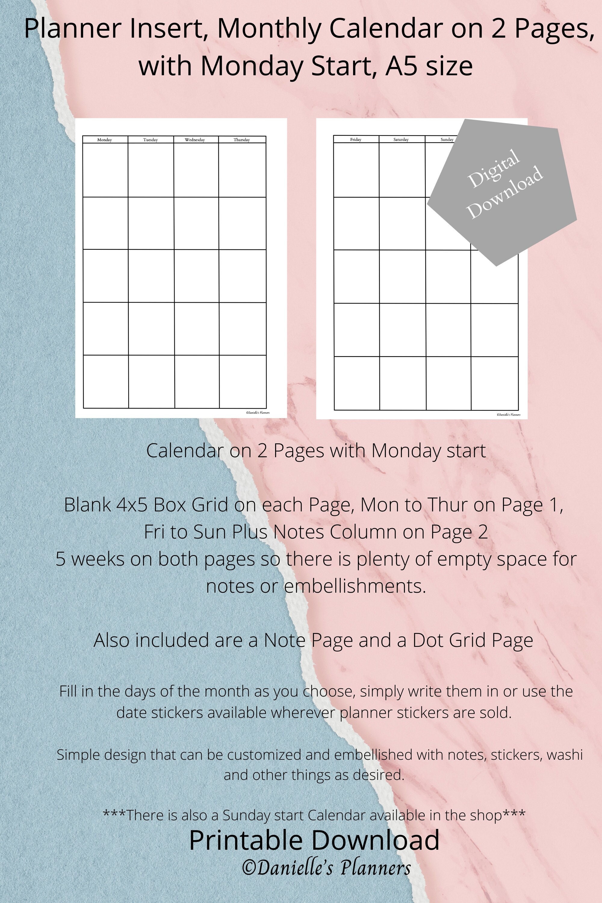 Planner Insert, Monthly Calendar on 2 Pages, With Monday Start, A5 Size -  Etsy
