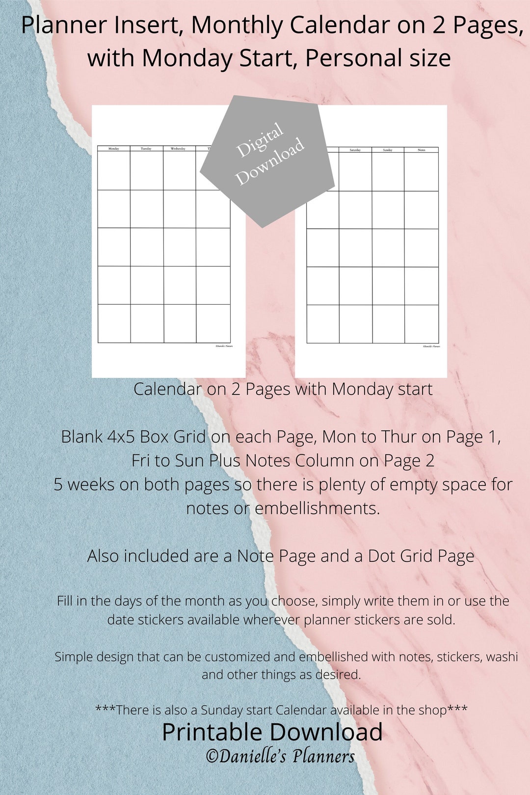 Planner Insert, Monthly Calendar on 2 Pages, With Monday Start ...