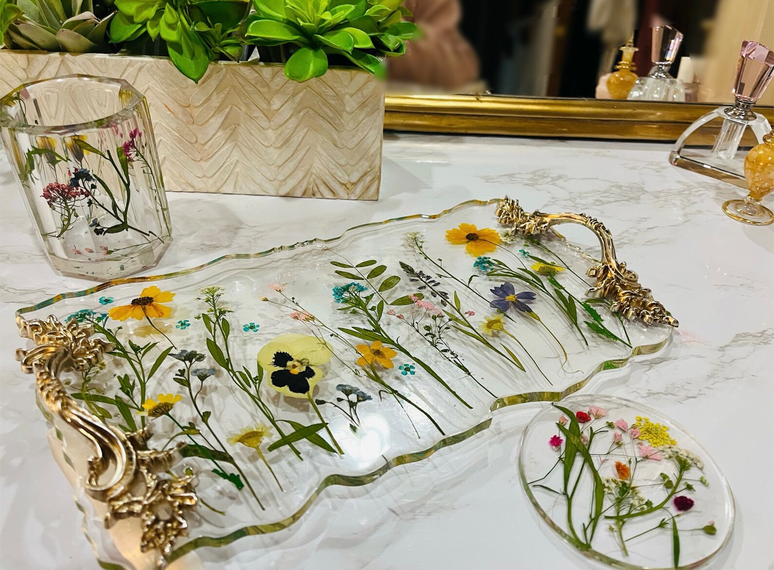 Pressed Dried Flower Resin Tray and Coaster Set Dried Flower Etsy