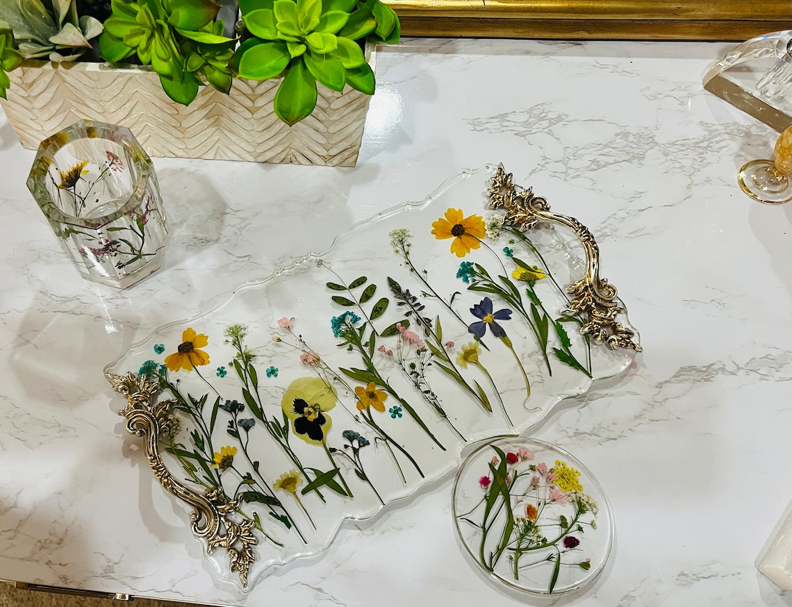 Pressed Dried Flower Resin Tray and Coaster Set Dried Flower Etsy