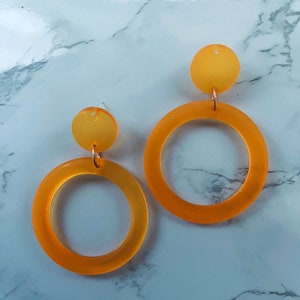 Matte Orange Resin Earrings, Drop Hoop Earrings, Resin Statement Earrings
