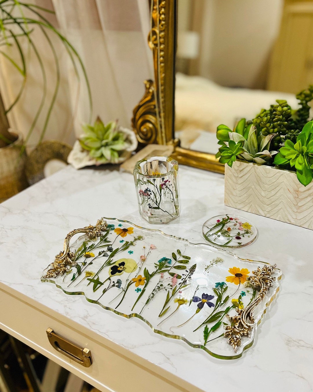 Pressed Dried Flower Resin Tray and Coaster Set Dried Flower Etsy