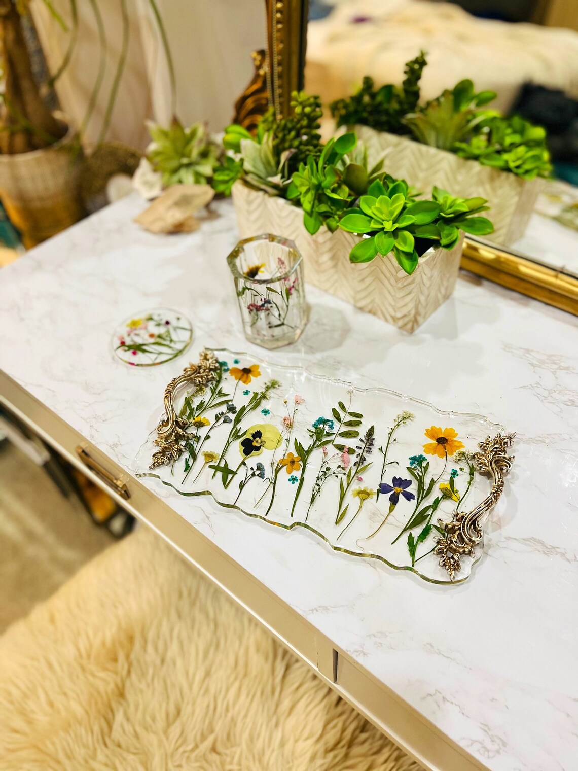 Pressed Dried Flower Resin Tray and Coaster Set Dried Flower Etsy