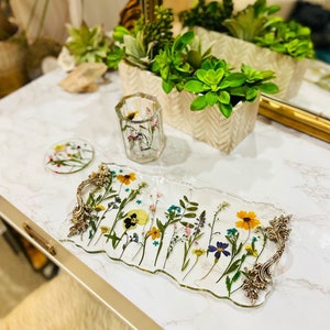 Dried Flower Resin Tray and Coaster Set, Gift for Mom, Dried Flower Resin Tray, Coaster Tray and Cup Set